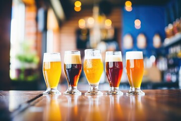 variety of colorful ales in glasses on a bar - obrazy, fototapety, plakaty