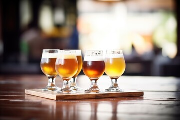 closeup of a beer flight with assorted ales on a table - obrazy, fototapety, plakaty