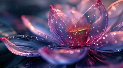 close-up lotus flower into a dreamlike scene with intricately rendered dew drops, blending realism and artistic flair.