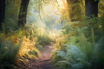 Obraz premium footpath winding through a forest with light filtering through the leaves