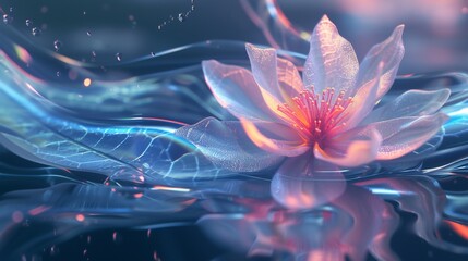 Digital magic with a transparent flower on a leaf in a dark river