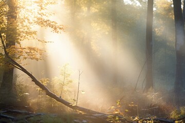 sunbeams illuminating a misty forest clearing at dawn