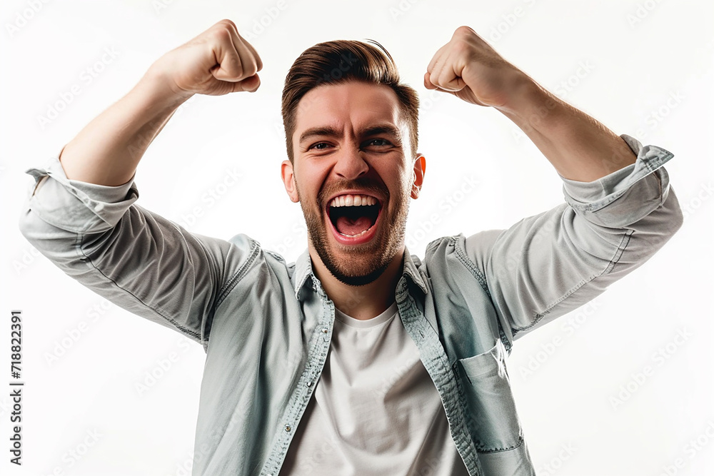 Wall mural happy young man posing on white isolated background