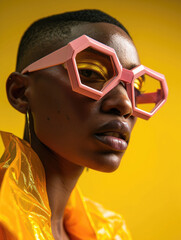 Striking portrait of a person with pink octagonal glasses against a vivid yellow backdrop, radiating bold fashion and confidence.