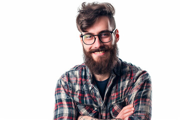 Obraz premium portrait of businessman with beard and arm crossed on white isolated background