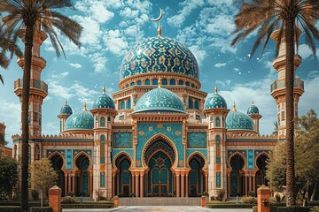 Arabian Nights: A Blue and Gold Palace with a Dome and Minarets Generative AI - obrazy, fototapety, plakaty