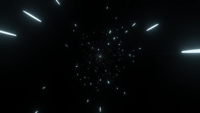 Particle effects or space travel. Abstract star lights moving zoomed in on black background. Hyperspace zoom of different length lines effect.