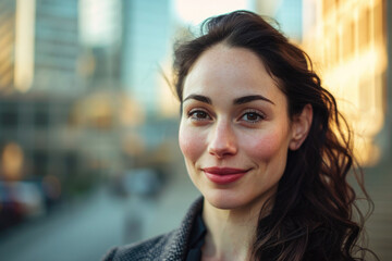 Fototapeta premium Close-up of a smiling brunette woman with a city backdrop, exuding warmth and confidence in a business casual attire.