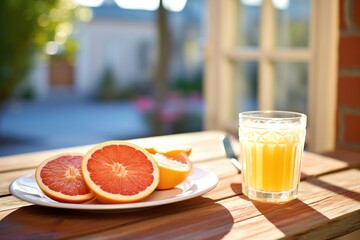 sliced grapefruits with a glass of juice on a sunny patio