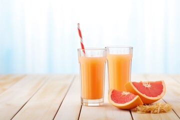 Fototapeta premium fresh grapefruit halves beside juice with straw