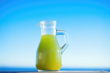 green juice in a jug with handle, clear blue sky backdrop