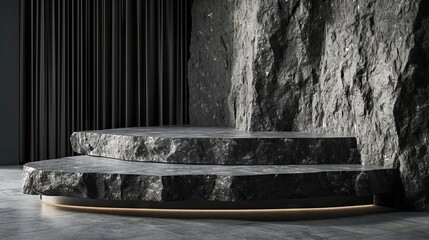 Realistic 3D dark stone theme podium for product display 