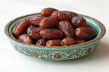 Plate of pitted dates on a white background. Traditional snacks for Ramadan