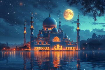 Glowing Moonlit Night at the Grand Mosque Generative AI - obrazy, fototapety, plakaty