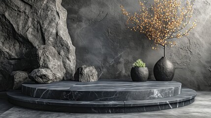 Realistic 3D dark stone theme podium for product display " ai generated "