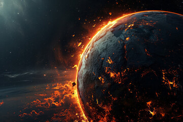 Planet Earth on fire, view from space. Apocalypse.