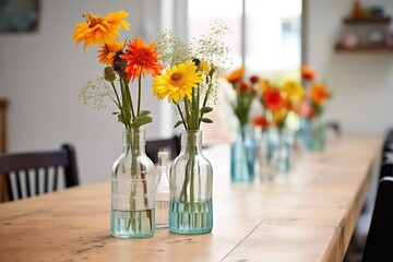 reused glass bottles as flower vases on a dining table - obrazy, fototapety, plakaty