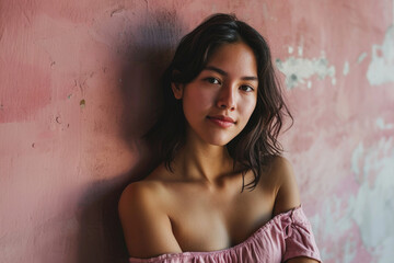 Fototapeta premium Intimate close-up of a young woman with shoulder-length hair, in a soft pink off-shoulder top, against a peeling pink wall.