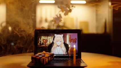 Celebrate valentine's day with AI girlfriend anime girl lighting a candle