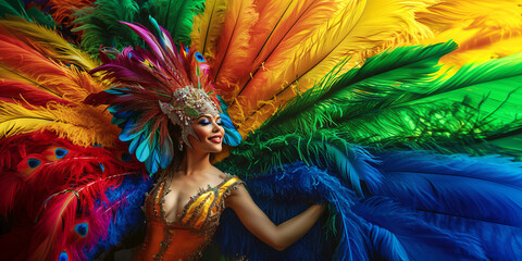 Smiling woman with vibrant samba costume and elaborate headdress celebrating at Brazilian Carnival