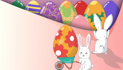 Cartoon Bunnies rabbits hangs on the wall and opens Easter eggs hunt, painted eggs, Easter egg hunt pattern ornament decoration greeting banner, web, card, wallpaper, layout, template