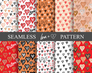 Original Hearts seamless pattern set, lovely romance drawn, wallpaper for banner, wrapping paper, greeting card, poster