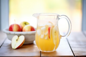 apple cider in a clear pitcher with ice cubes