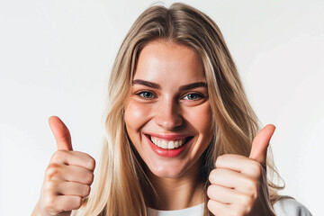 closeup shot of portrait of young woman doing thumbs up on white isolated background