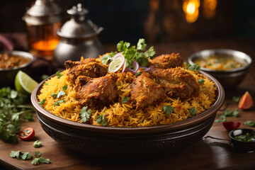 Spicy chicken biryani cuisine in a shiny silver bowl, authentic Indian food, serving fancy food in a restauran - obrazy, fototapety, plakaty