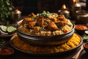 Spicy chicken biryani cuisine in a shiny silver bowl, authentic Indian food, serving fancy food in a restauran