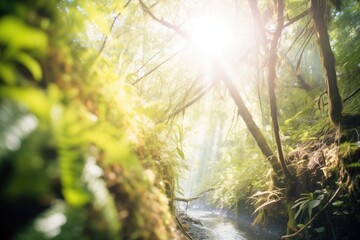Obraz premium sunlight filtering through the canopy over a trail
