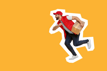 Fototapeta na wymiar Happy courier with parcel running on orange background, space for text