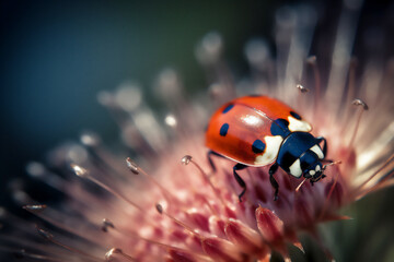 closeup of red ladybug with black dots, macro shot