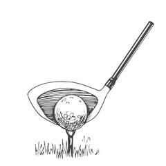 Golf ball with club. Vector hand-drawn sports equipment. Illustration in sketch style on white background.