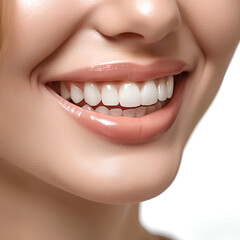 Beautiful female smile after teeth whitening procedure. Dental care, on white background