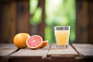glass of grapefruit juice with halved fruit beside