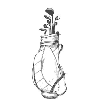 Bag with golf clubs in sketch style. Black and white hand-drawn illustration.