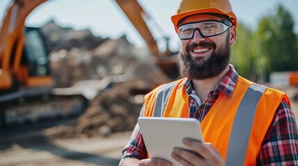 Happy construction worker using digital tablet on site with heavy machinery in background. - obrazy, fototapety, plakaty