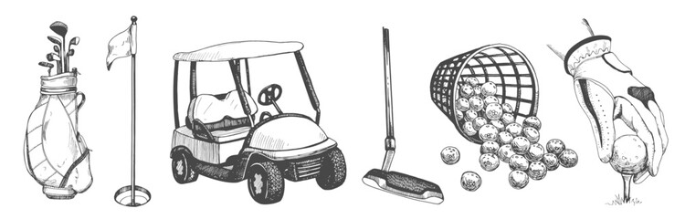 Bag with golf clubs, golf cart, bucket with balls in sketch style. Hand on the golf ball. Black and white hand-drawn illustration.