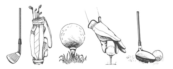 Bag with golf clubs, Hand on the golf ball, Bag with golf clubs in sketch style. Black and white hand-drawn illustration.