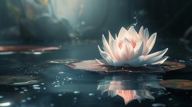 Transparent lotus on a leaf in a dark river, close-up, showcasing ethereal beauty.