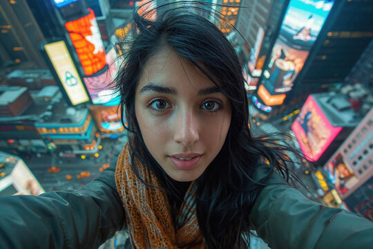 Young woman taking a selfie with the vibrant lights of Times Square in the background.