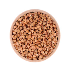 Raw buckwheat in bowl isolated on white, top view
