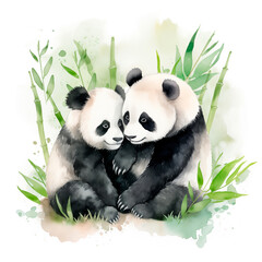 Couple of panda bears with bamboo leaves contour on background. Cute little animals hug each other with love. Watercolor style imitation. Card with lovely illustration for Valentine's Day.