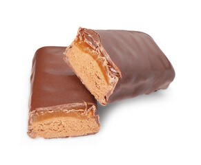 Pieces of tasty chocolate bars with nougat on white background