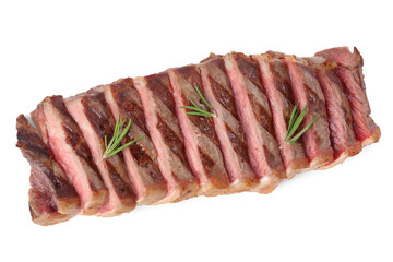 Delicious grilled beef steak with rosemary isolated on white, top view