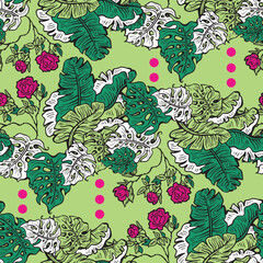 Tropical plant leaves vector pattern for textile design, fabric print, wallpaper, digital paper. Palm tree leaf background, jungle vintage style, hand drawn illustration for cafe, spa hotel decoration