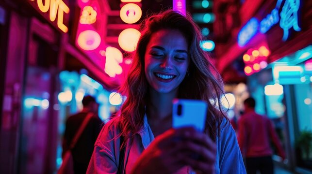 Joyful woman using smartphone amidst vibrant neon lights at night in the city.