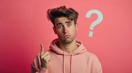 Young man in a pink hoodie looking confused with a question mark above his head.