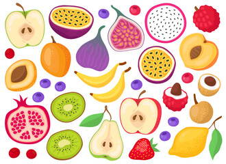 Various tropical fruits on a white background. Passion fruit, apple, pear, lemon, pomegranate, kiwi, fig, lychee, banana, strawberry, blueberry, longan, 
apricot. 